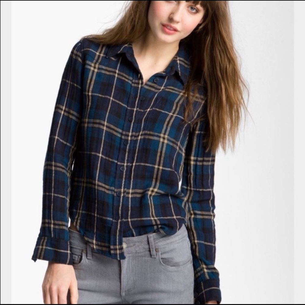 Free People Navy Plaid Button-Down Shirt